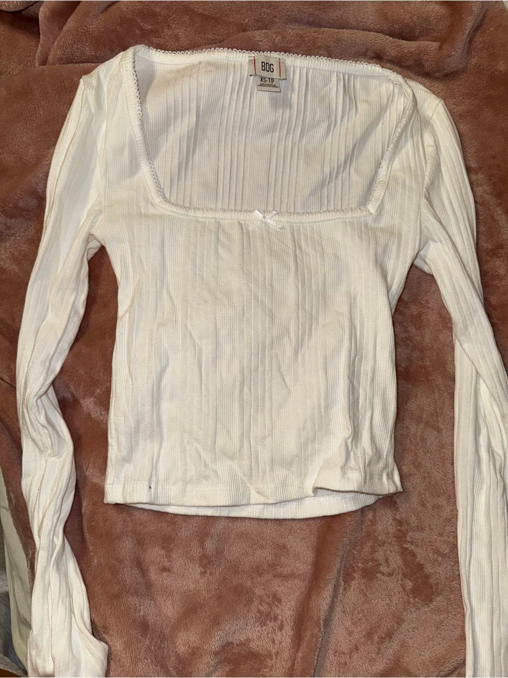 BDG Cream Ribbed Square-Neck Long Sleeve Top